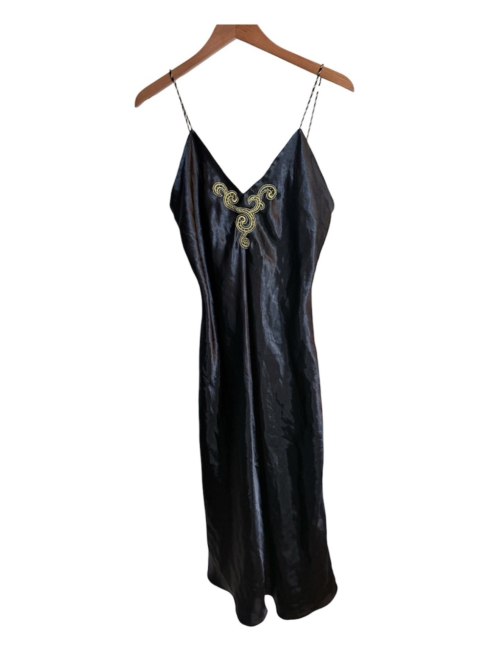 Vintage Etienne Black Satin Slip Dress Gold Scroll Embroidery Nightgown L